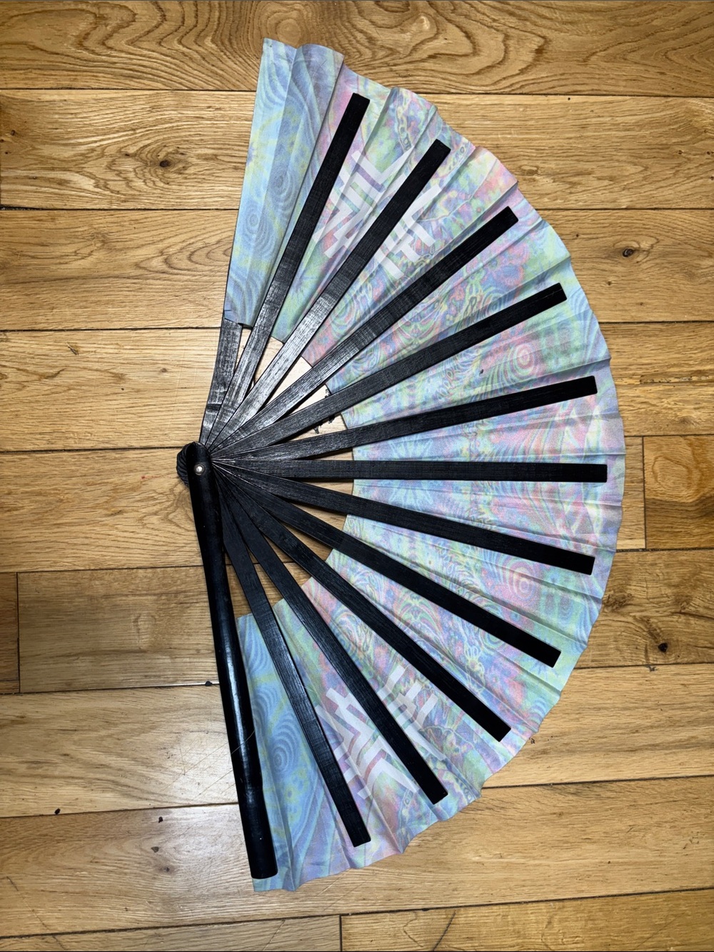 Large Handheld Decorative Fan in Multicolor Psychedelic Print Raves Dubstep - Picture 3 of 4
